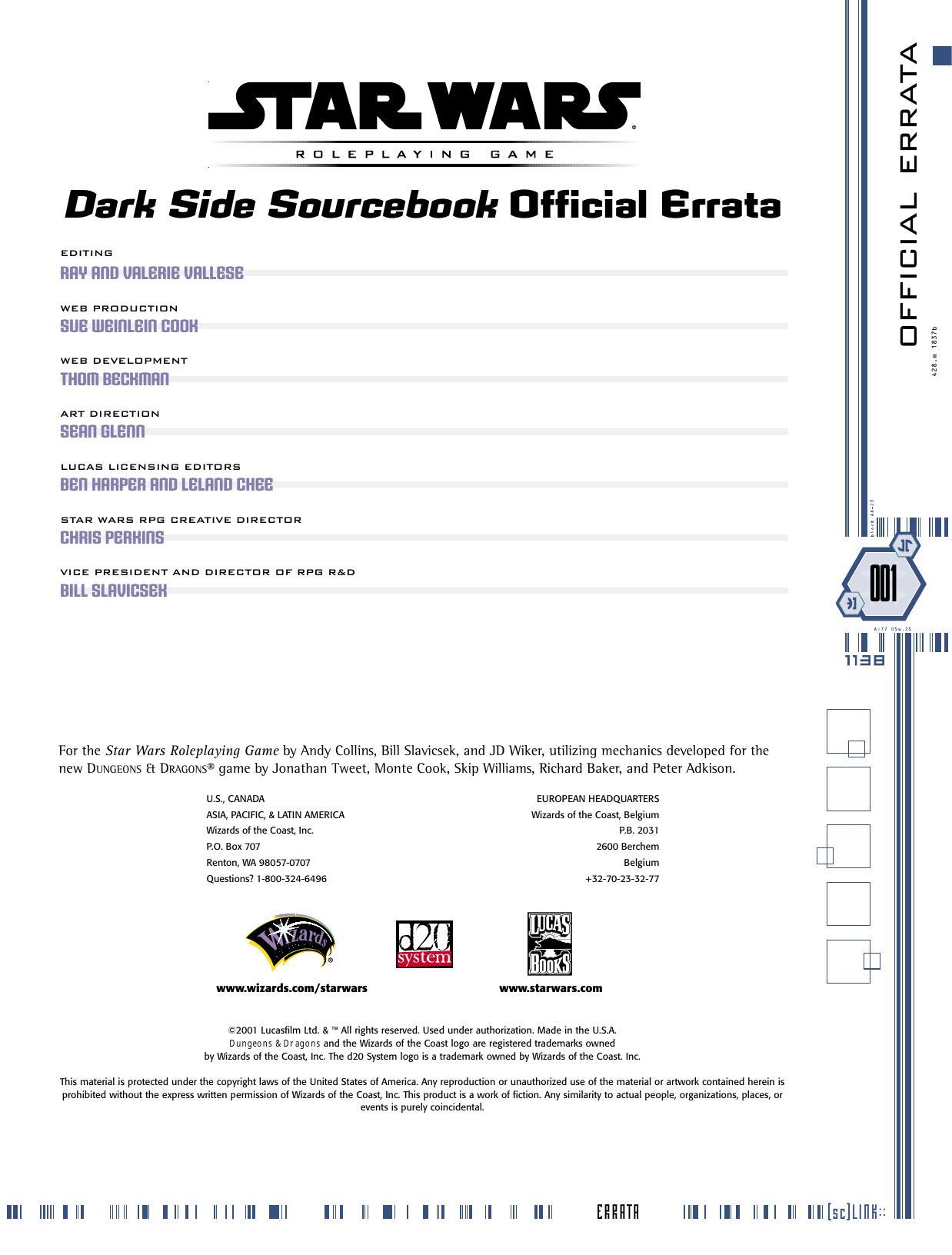 Dark Side Sourcebook Errata