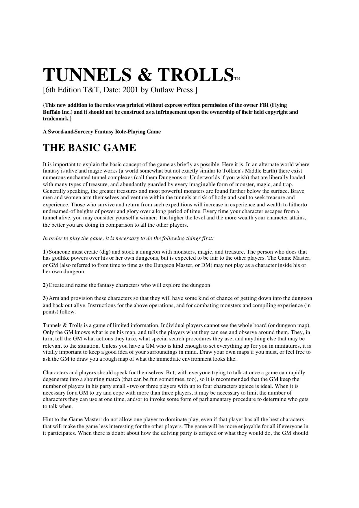 tunnels and trolls 6th edition rules.doc