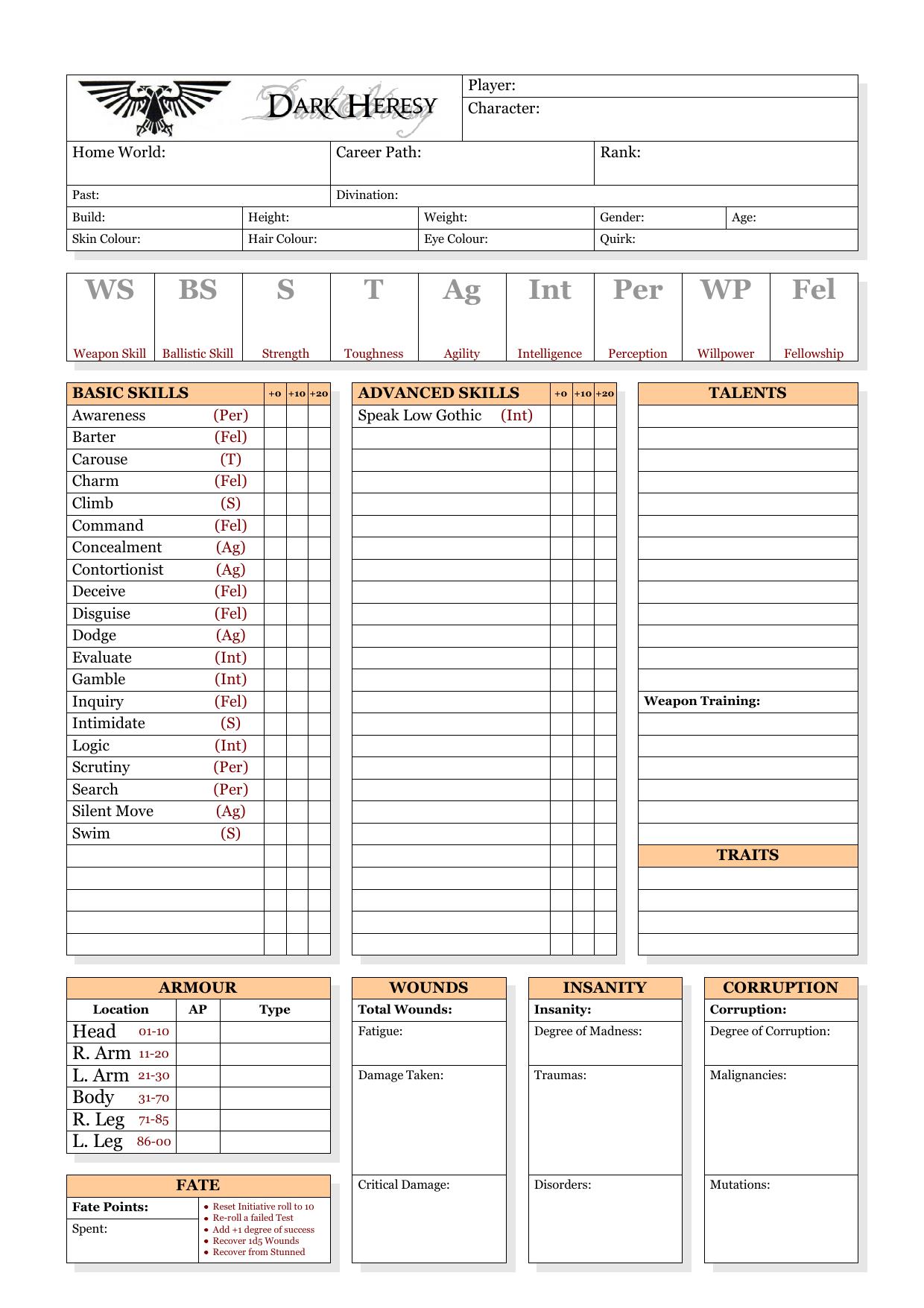 DH Character Sheet - 2 pages