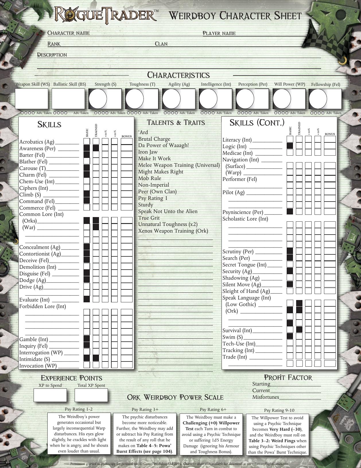 Weirdboy Character Sheet