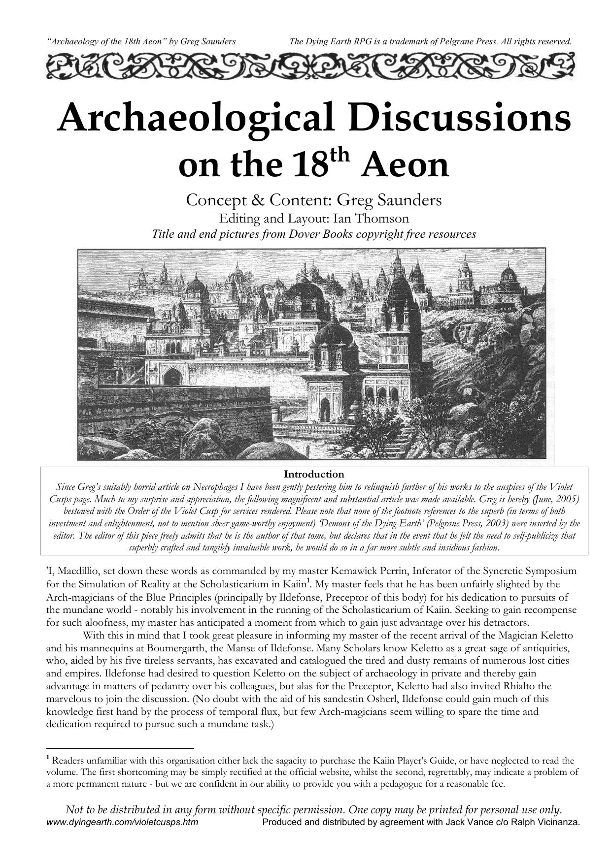 Archeological Discussion of the 18th Aeon