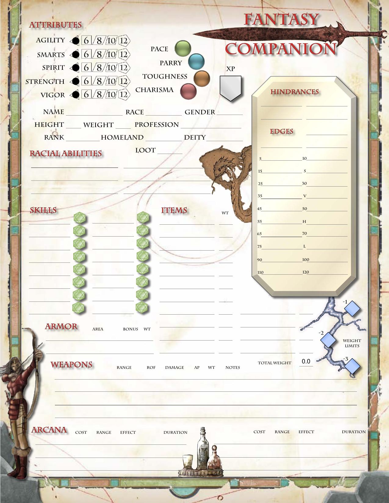 Fantasy Companion Fillable Character Sheet