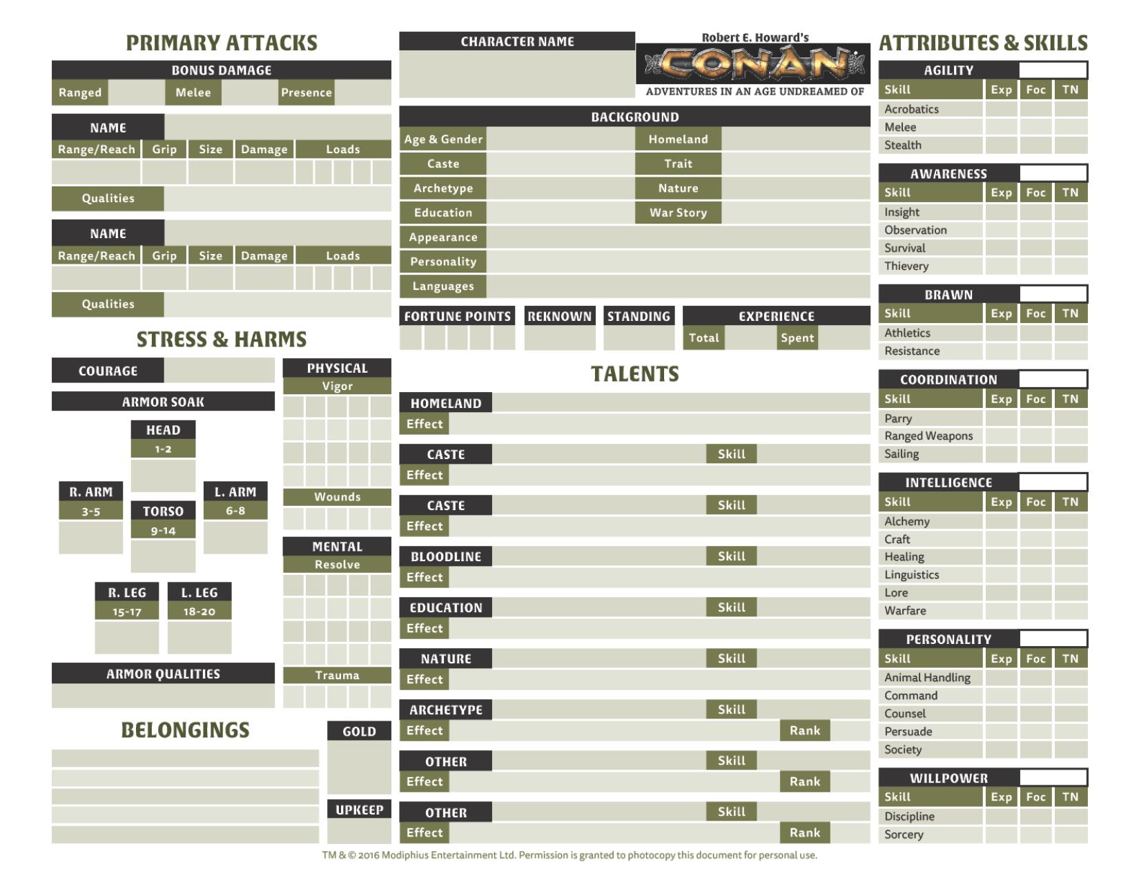 Conan 2d20 Modiphius Character Sheet