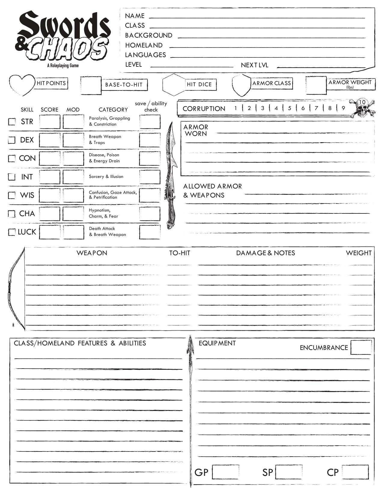 Swords & Chaos Character Sheet