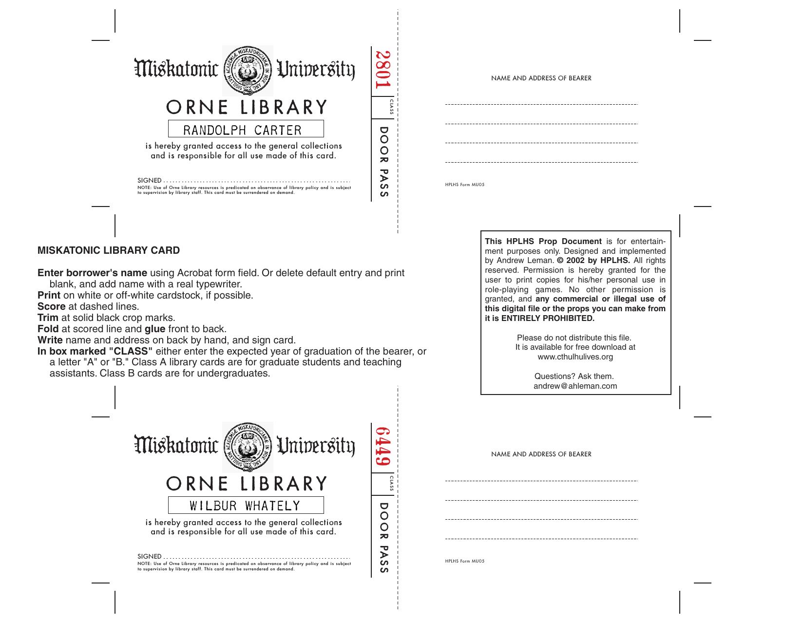 CoC Miskatonic University Library Card
