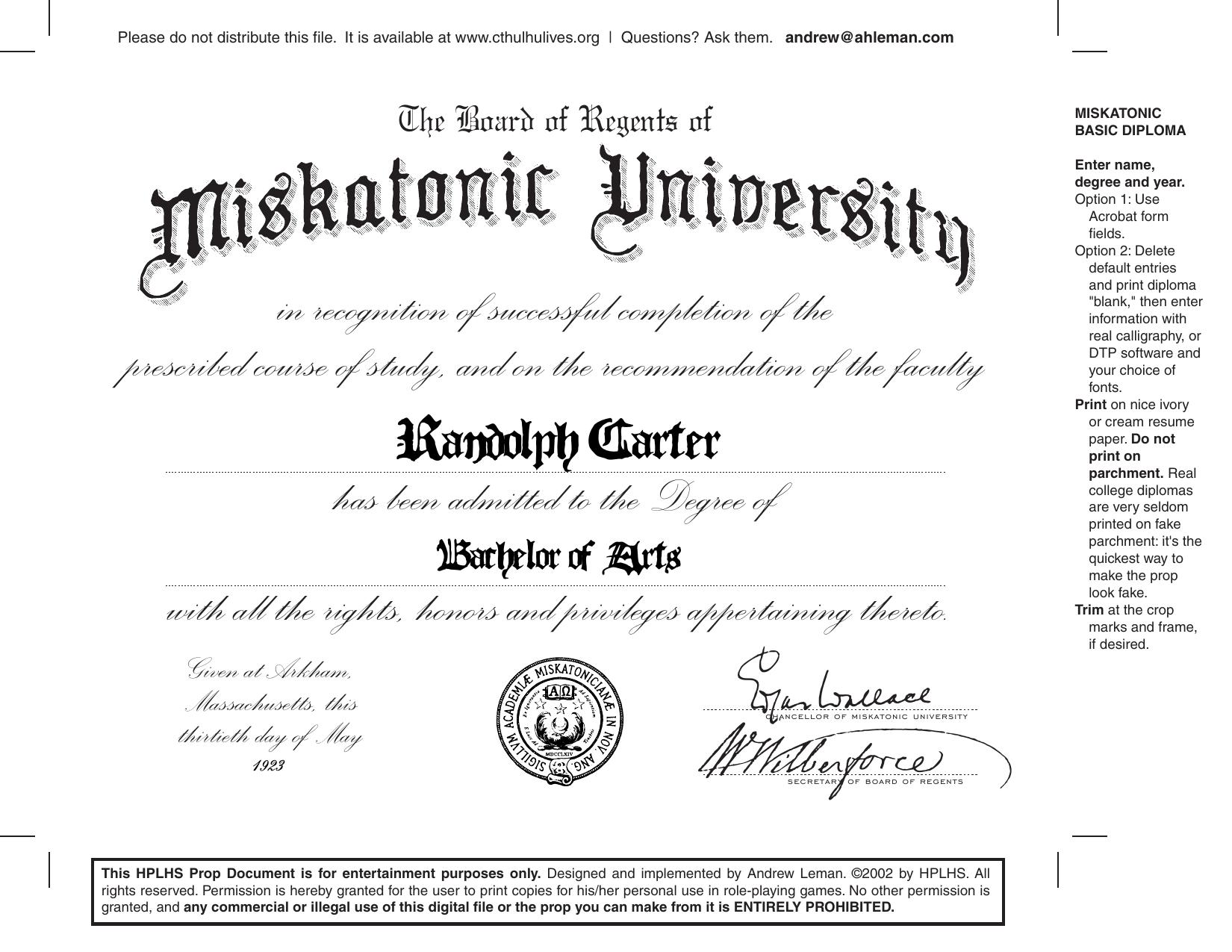CoC Miskatonic University Diploma