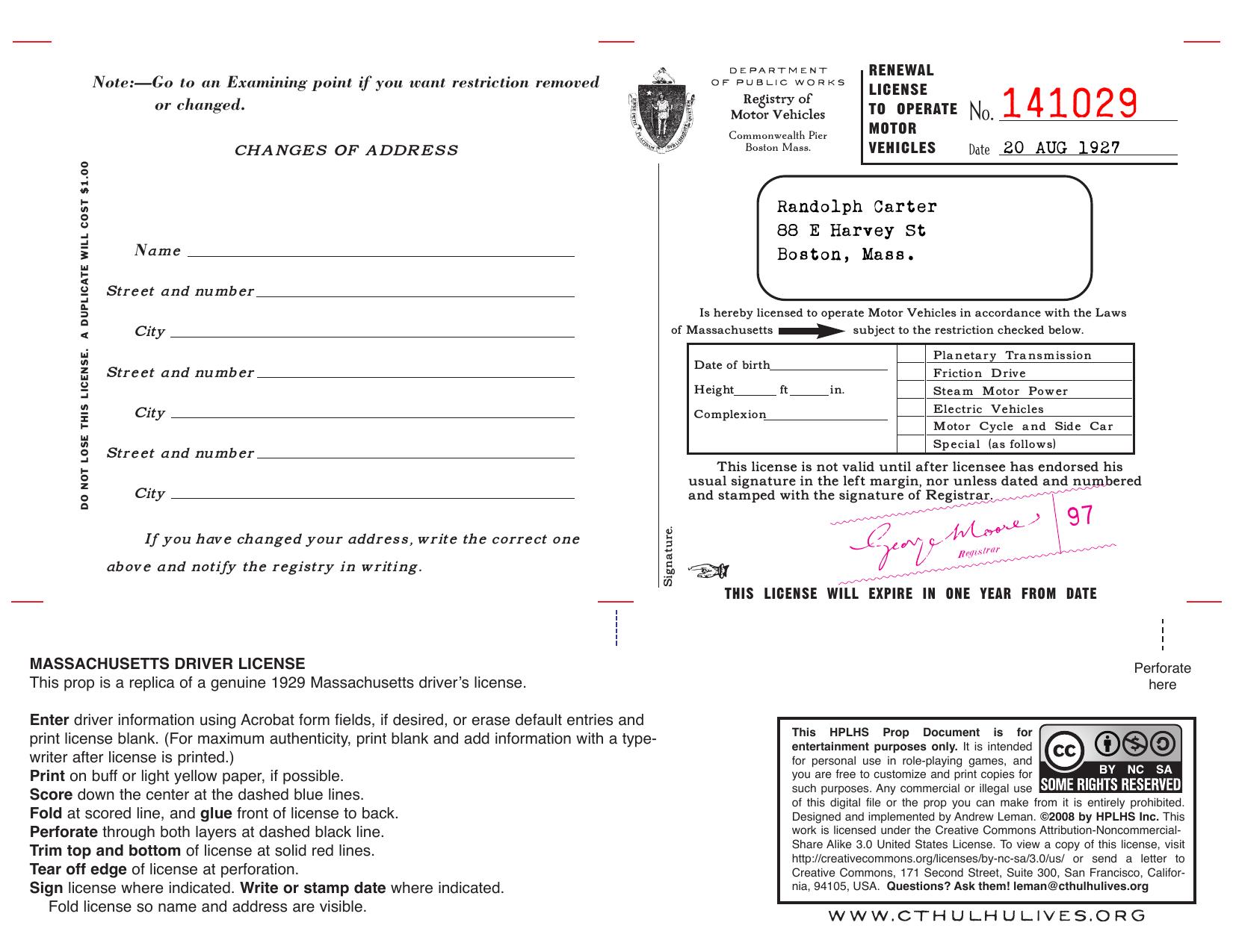 MA Driver License (Page 1)
