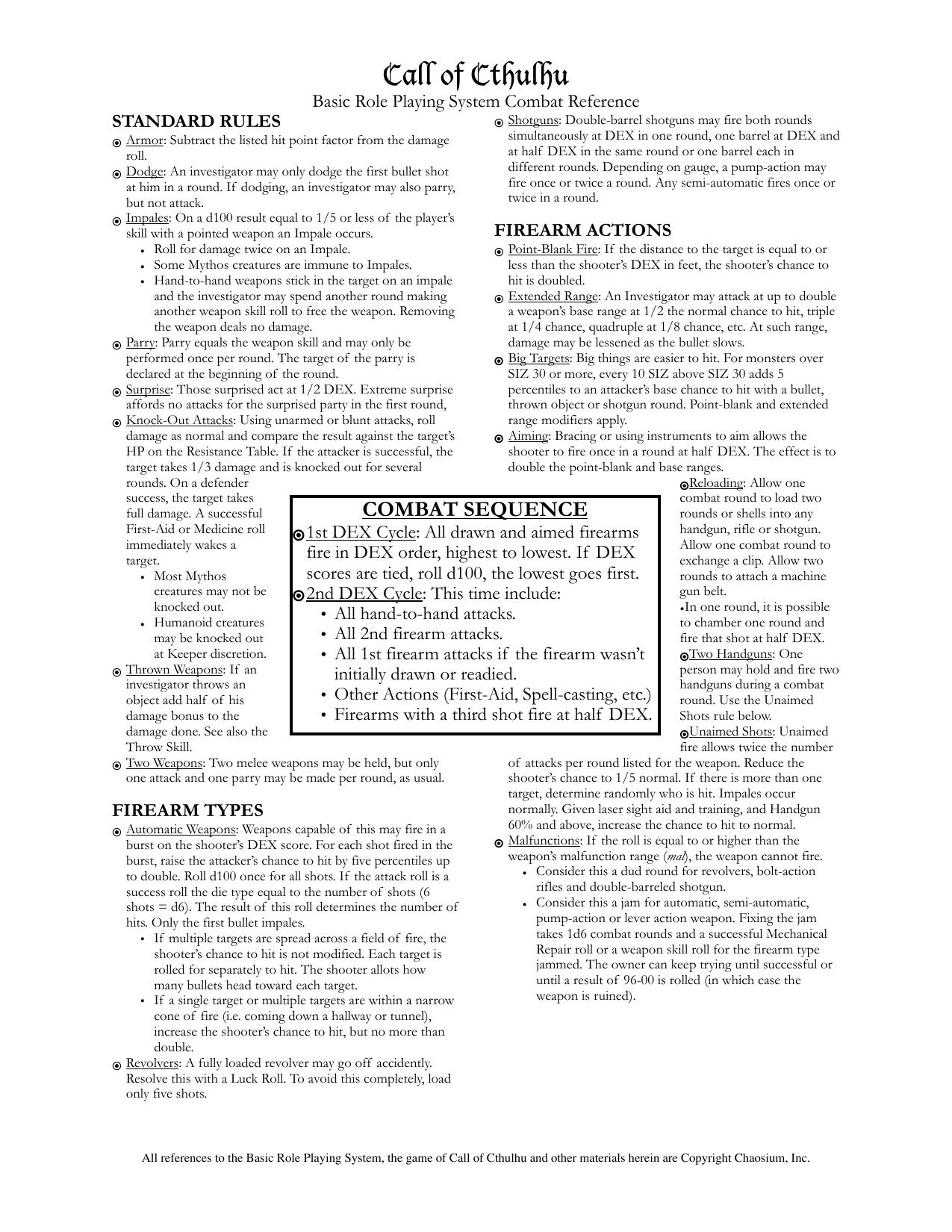 Call of Cthulhu Combat Reference Sheet